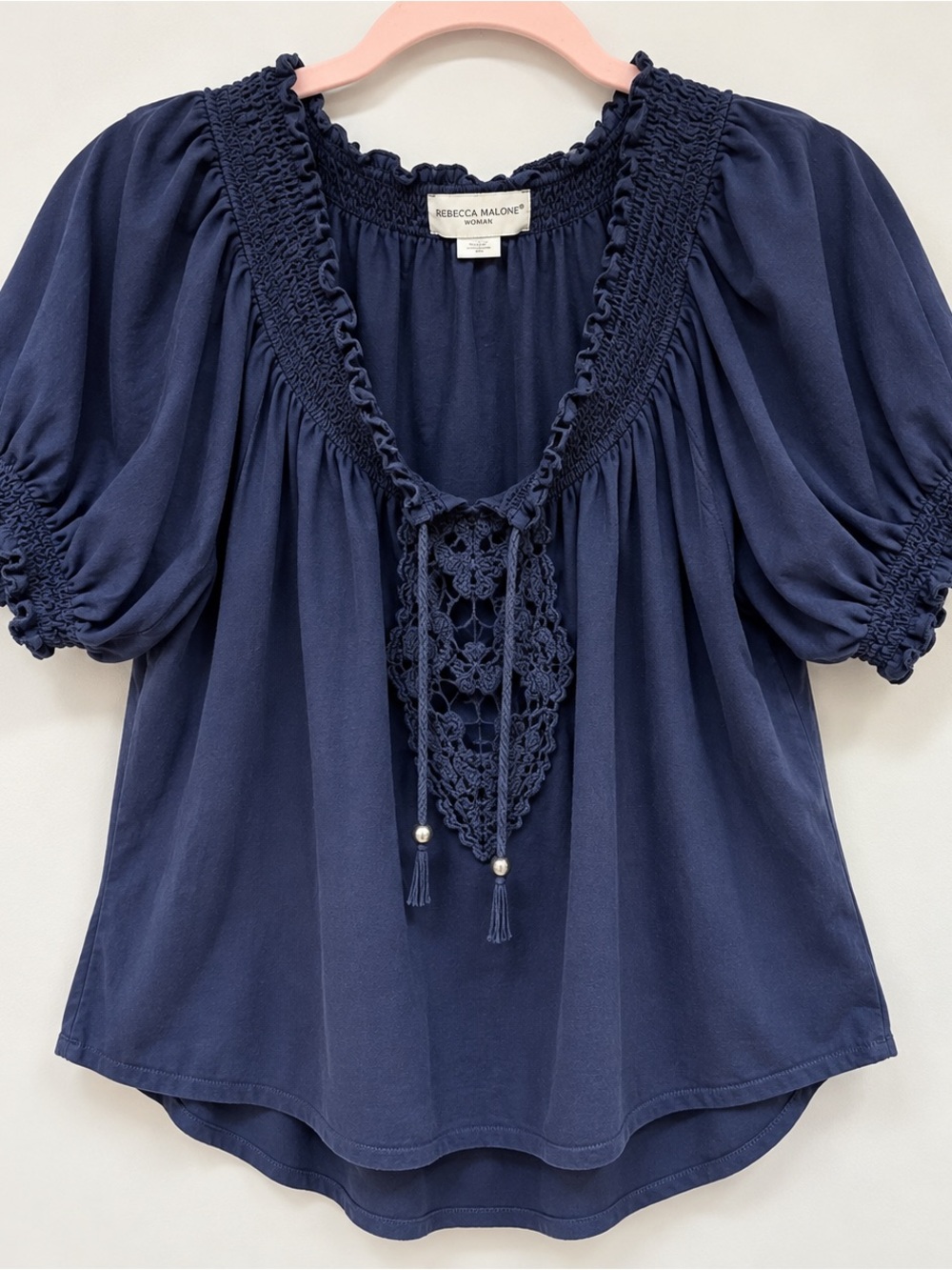 Rebecca Malone Woman 3X Navy Boho Peasant Blouse 100% Cotton